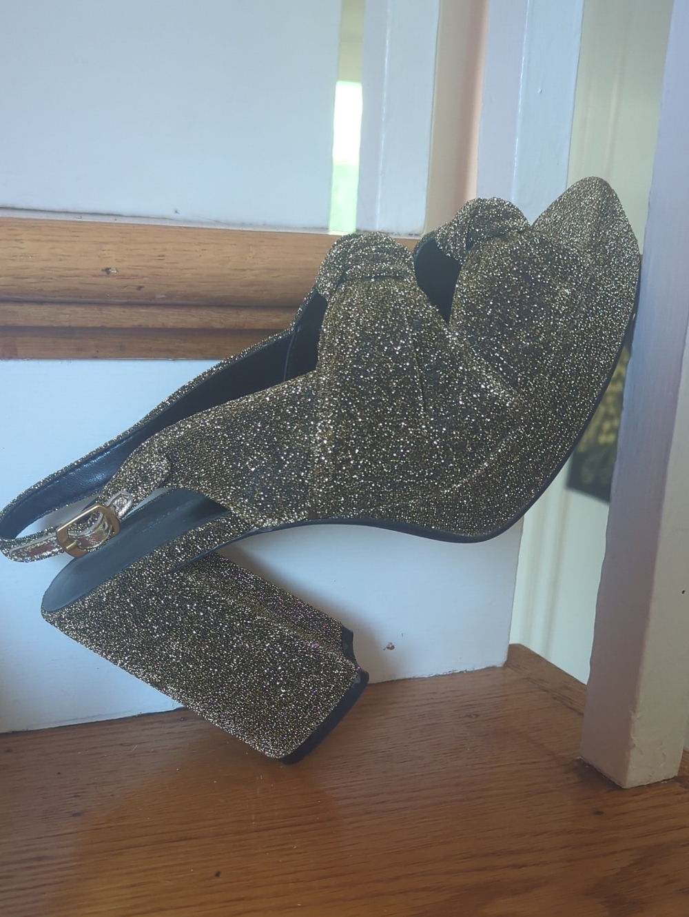 AEROSOLES Gold Glitter Knotted Slingback Platform Heels